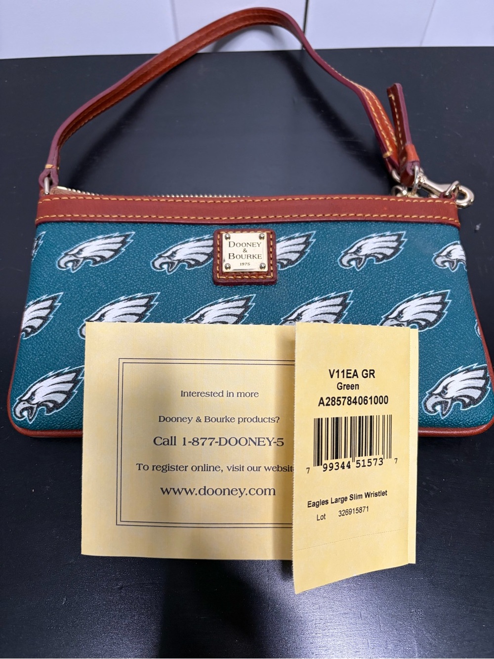 Dooney & Bourke Teal Philadelphia Eagles Logo Wristlet with Brown Leather Trim - Picture 8 of 8